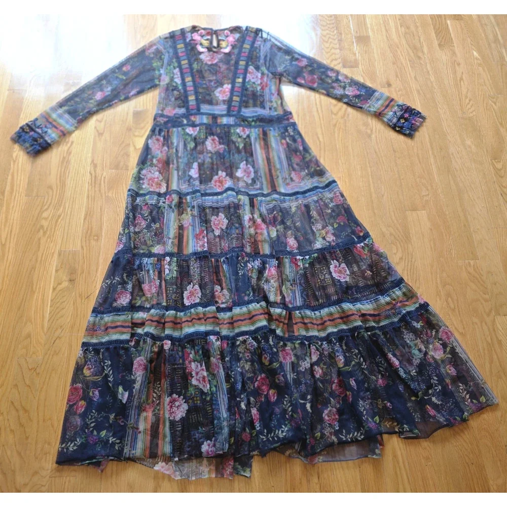 Biya Johnny Was Dayana Mesh Maxi Dress Embroidered Floral Patchwork Slip M Boho